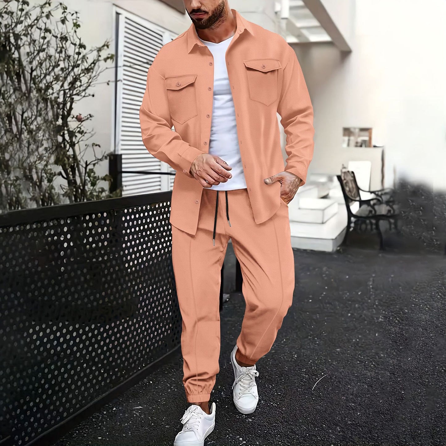 Double Pocket Printed Men's Casual Long Sleeve Shirt Trousers