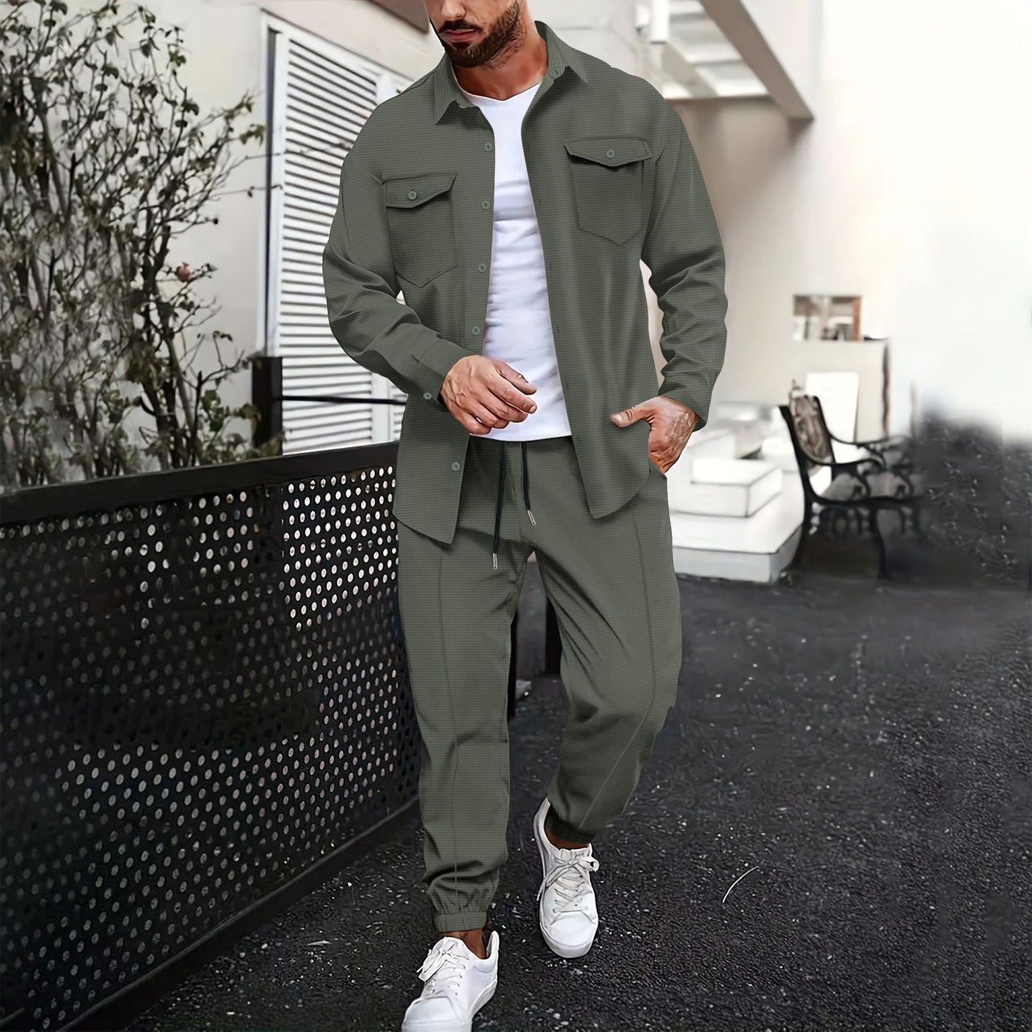 Double Pocket Printed Men's Casual Long Sleeve Shirt Trousers