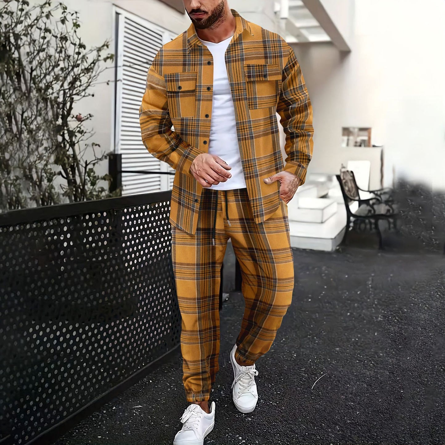 Double Pocket Printed Men's Casual Long Sleeve Shirt Trousers