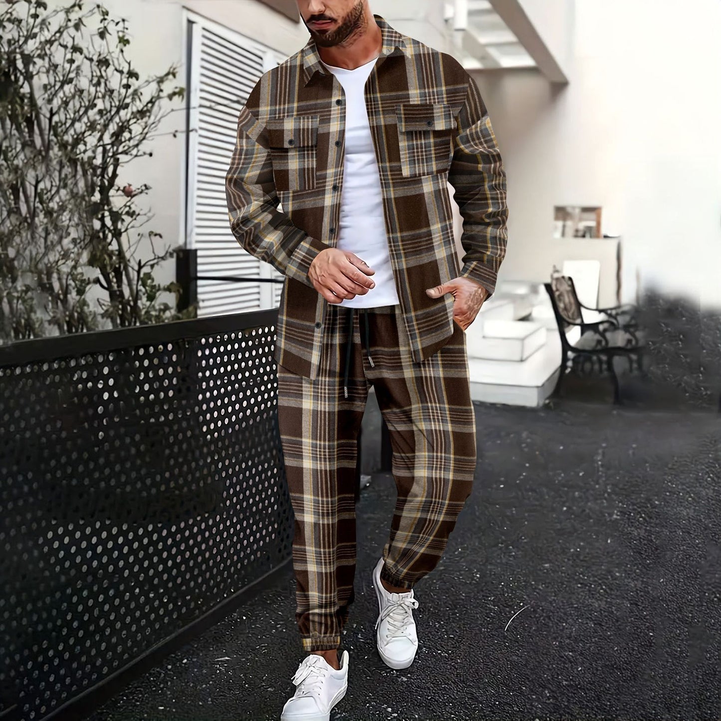 Double Pocket Printed Men's Casual Long Sleeve Shirt Trousers