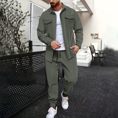 Double Pocket Printed Men's Casual Long Sleeve Shirt Trousers